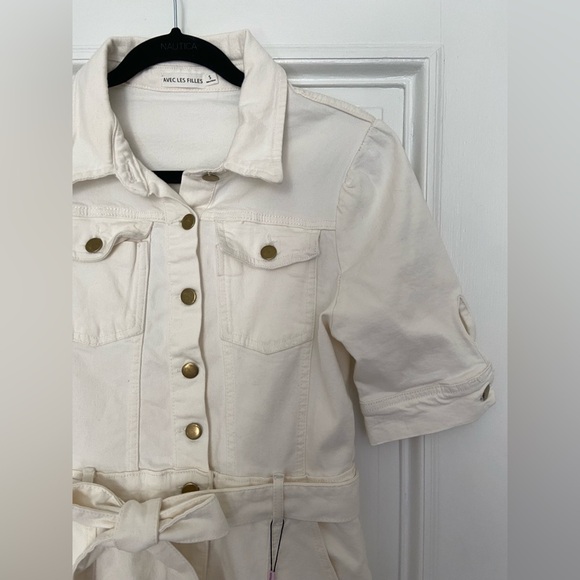 NWT Avec Les Filles White Denim Utility Romper Gold Buttons Comfy Jumper Classic - Picture 5 of 15